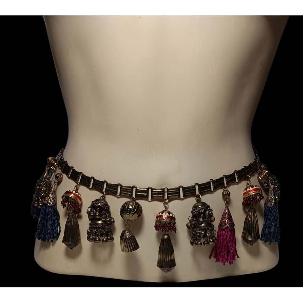 Belt Asian Inspired Brass Dangle Bobble Charms & Tassels Hari Krishna Style 34" - Picture 3 of 9
